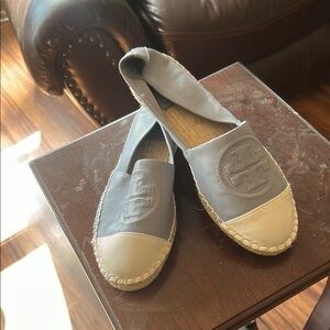 Tory Burch Blue and White Espadrilles with Natural Fiber Sole